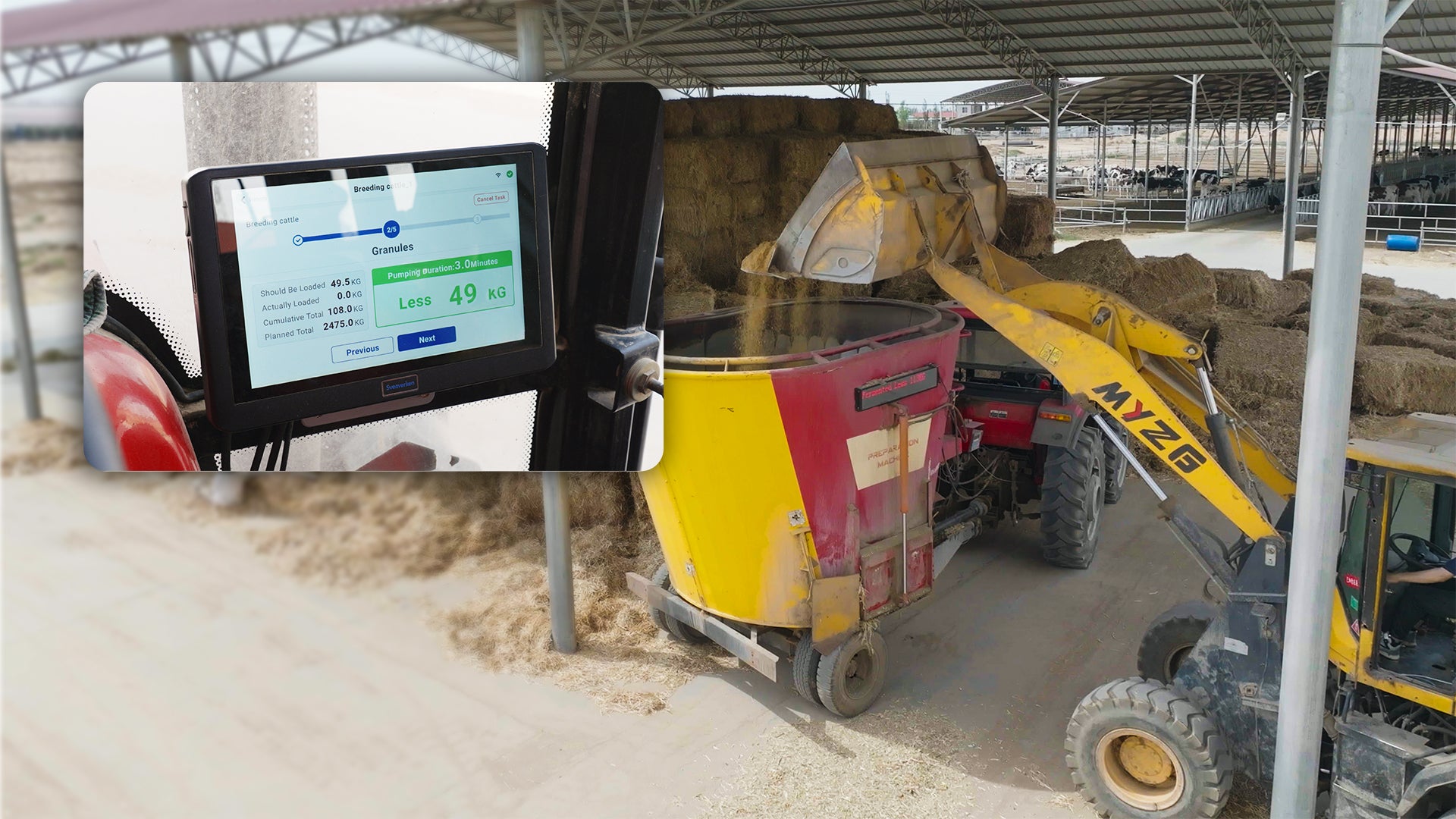 FeedLogger cab display beside a mixer wagon on a dairy farm